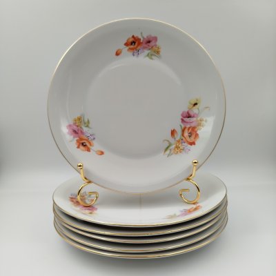 купить Набор из шести обеденных тарелок с цветочным декором, фарфор, деколь, золочение, Chodziez, Польша, 1964-1990 гг.