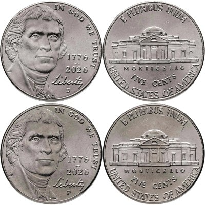 Купить [ПОДАРОК!] США набор из 2 монет 5 центов (cents) 2026 P+D "250 лет независимости США"