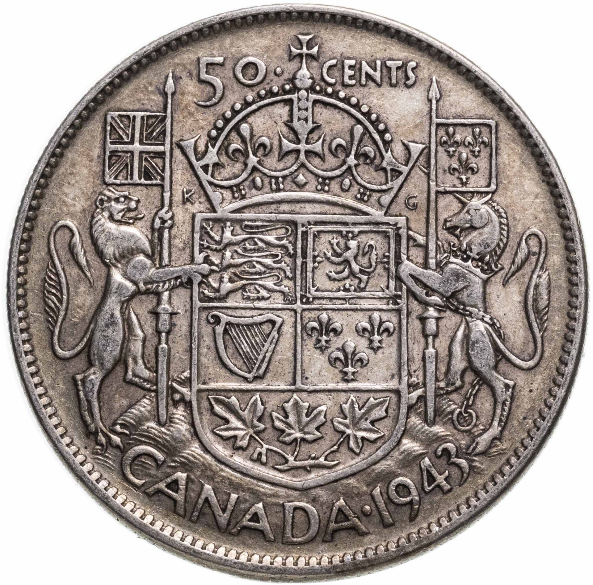 Монета Канада 50 центов (cents) 1943 стоимостью 2800 руб.