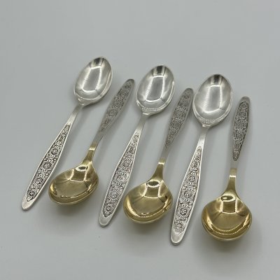 купить Набор чайных ложек с декорированными ручками на 6 персон, мНЦ (медь-никель-цинк), золочение, Кольчугинский завод цветных металлов, СССР, 1962-1991 гг.