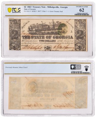 купить США, Джорджия 2 доллара 1863 г. времен Гражданской войны (1861-1865). В слабе PCGS UNC 62