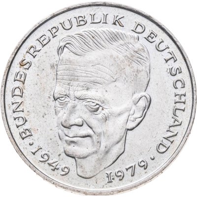 купить Германия 2 марки 1991 "Курт Шумахер, 30 лет Федеративной Республике (1949-1979)", знак монетного двора: "A" - Берлин