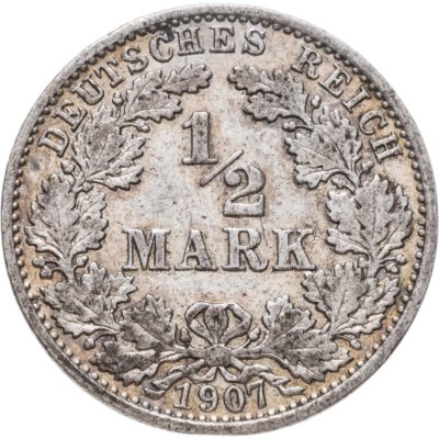 Купить Германия 1/2 марки (mark) 1907 A  знак монетного двора: "A" - Берлин
