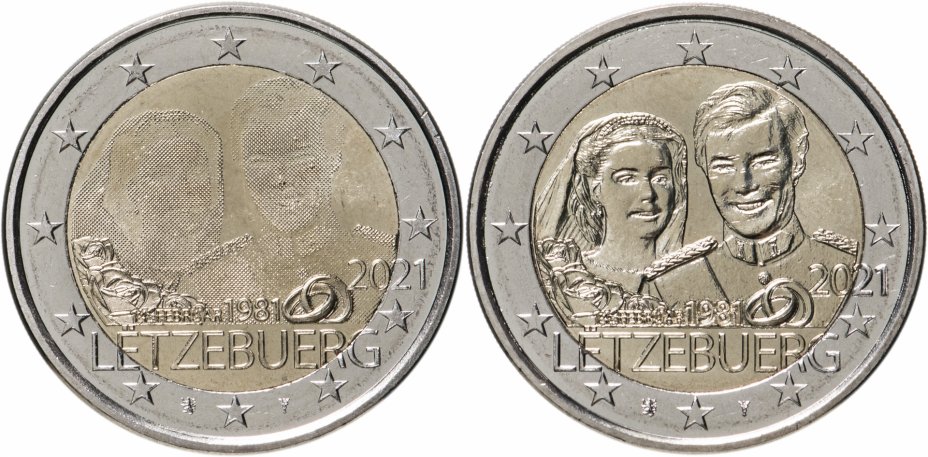 купить Люксембург комплект из двух монет 2 евро 2021 "40-летие свадьбы Вел. Герцога Анри и Вел. Герцогини Марии-Терезы" (рельефная + фото)
