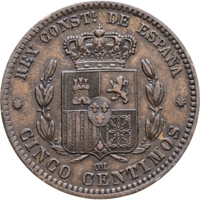Купить Испания 5 сентимо 1877