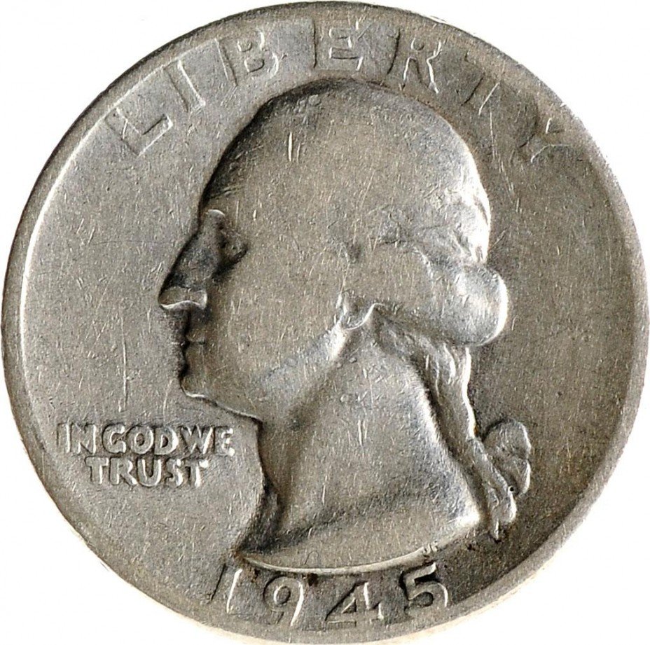 купить 25 центов (квотер) 1945 Вашингтон, серебро 900 пробы, уставшая
