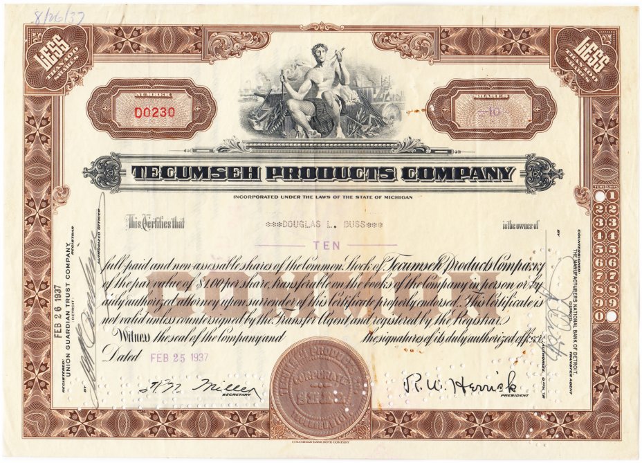 купить Акция США TECUMSEH RPODUCTS COMPANY 1937 - 1939 гг.