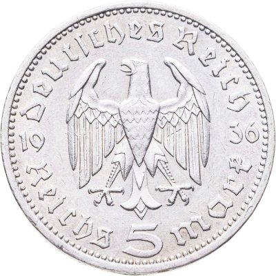 купить Германия 5 рейхсмарок (reichsmark) 1936 A Гинденбург Третий рейх, без свастики