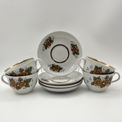 купить Набор чайных пар на 4 персоны с цветочным декором, фарфор, деколь, золочение, Рижский фарфорово-фаянсовый завод, СССР, 1970-1980 гг.