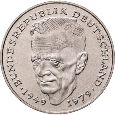 купить Германия 2 марки 1990 "Курт Шумахер, 30 лет Федеративной Республике (1949-1979)", знак монетного двора: "G" - Карлсруэ