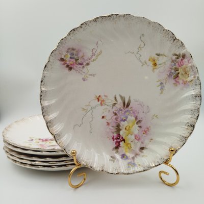 купить Набор обеденных тарелок на 6 персон, украшенных цветочным декором, Фаянсовая фабрика "Franz Anton Mehlem", фаянс, роспись, золочение, Германия, 1900-1920 гг.