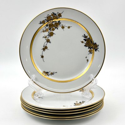 купить Набор из шести пирожковых тарелок с цветочным декором золотистого цвета, фарфор, деколь, золочение, Graf Von Henneberg Porzellan, 1777 Jlmenau, ГДР, 1973-1977 гг.