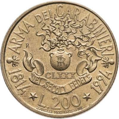 купить Италия 200 лир (lire) 1994 180 лет карабинерам