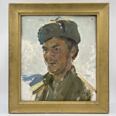 купить Картина с изображением советского солдата (этюд к картине "На родной земле"), оформленная в раму, неизвестный художник (подпись "Е. Л..."), Новая Ладога, дерево, картон, масло, 1969 г.