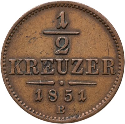 купить Австрия 1/2 крейцера (kreuzer) 1851, знак монетного двора "B" - Кремница