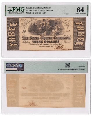 купить США 3 доллара 1863 год Северная Каролина в слабе PMG UNC 64