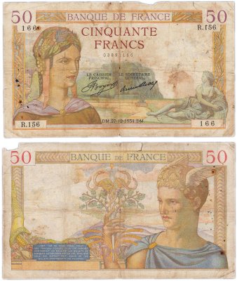 купить Франция 50 франков 1934-1937 (Церера, Меркурий) Pick 81