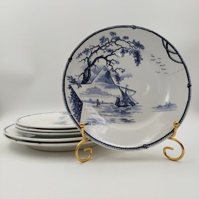 купить Набор из 6-ти обеденных и десертных тарелок, украшенных морским пейзажем, Petrus Regout Maastricht, фаянс, деколь, Нидерланды, 1880-1900 гг.