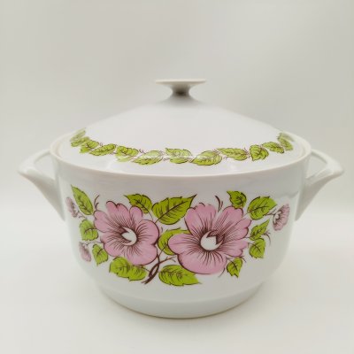 купить Супница с цветочным декором в розово-зеленой гамме, фарфор, печать, Epiag Royal Czechoslovakia, Чехословакия, 1970-1990 гг.