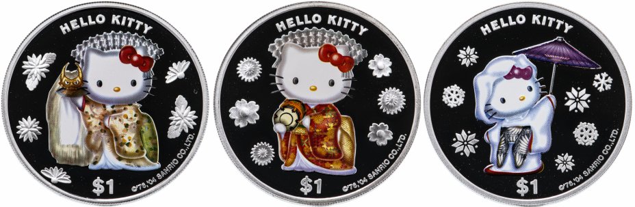 купить Острова Кука 1 доллар 2004 набор из 3х монет "Привет Китти!", в футляре Редкость