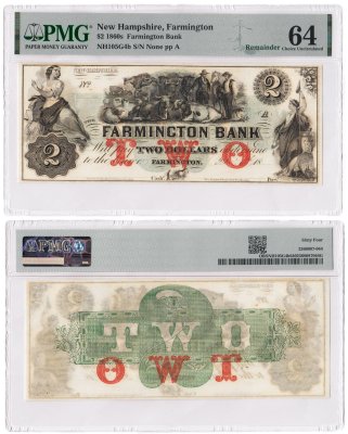 купить США, Нью-Гэмпшир 2 доллара 1860 е в слабе PMG UNC 64