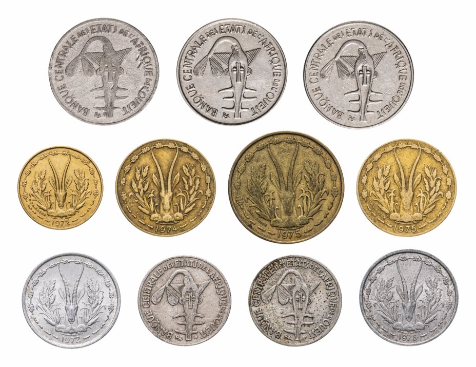 11 монет. Западно - Африканская монета.. 11 Coins. На какой монете 1972 фрукты.