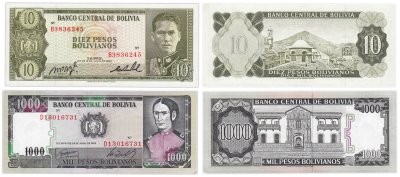 купить Боливия набор из 2 банкнот 10 и 1000 песо 1962-1982