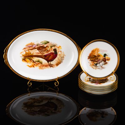 купить Набор из 6-ти тарелок и блюда, украшенных орнитологическим сюжетом, Alexandre Chastagner, фарфор, деколь, золочение, Limoges, Франция, 1946-1970 гг.