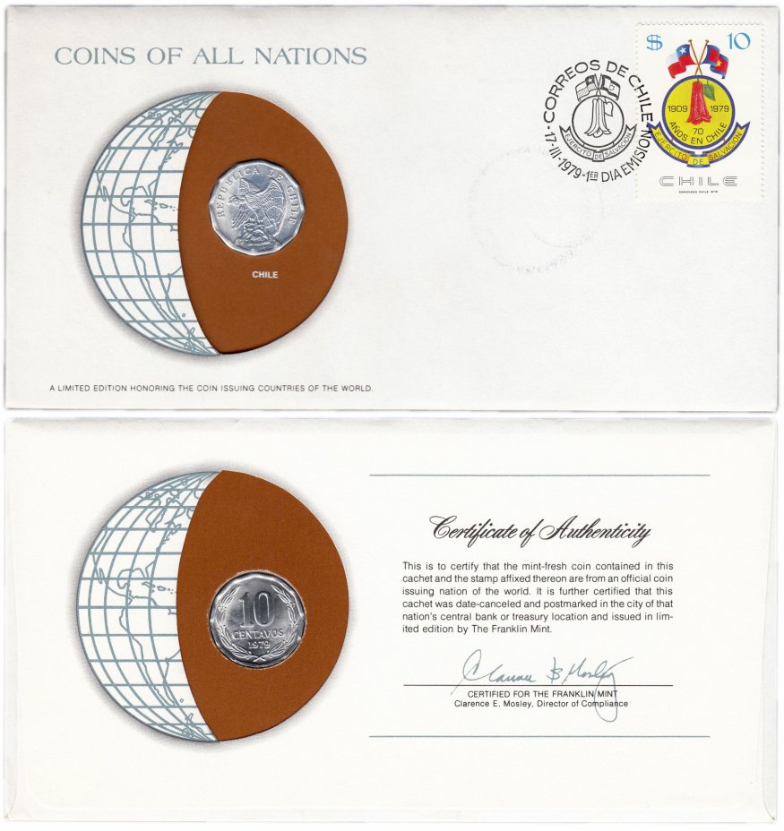 купить Серия «Монеты всех стран мира» - Чили 10 сентаво (centavos) 1979 (монета и 1 марка в конверте)