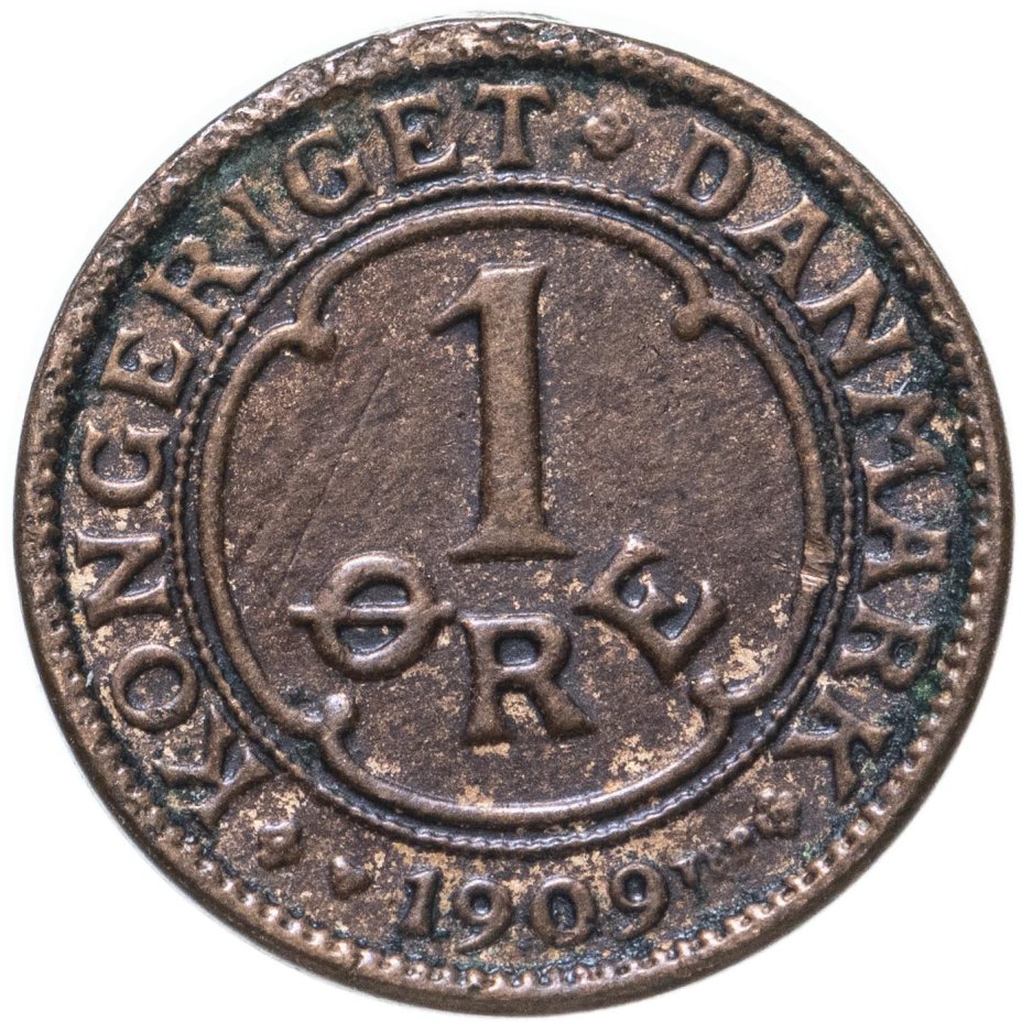 Монета Дания 1 эре (ore) 1909 стоимостью 950 руб.