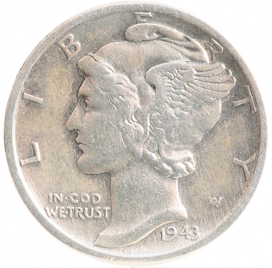 купить 1 дайм (10 центов) 1943 # 021238 серебро 900 пробы