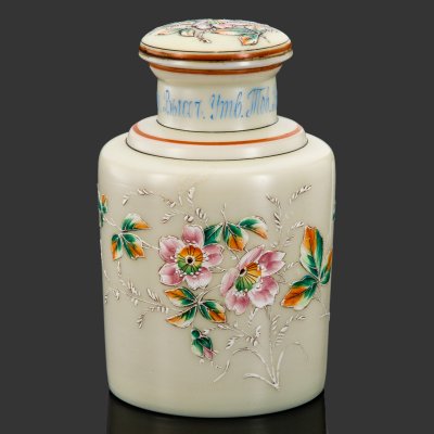 купить [Редкость] Чайница с крышкой и цветочным декором, стекло, роспись эмалевыми красками, Товарищество «Василий Перлов с сыновьями», Российская империя, 1880-1890 гг.