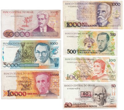 купить Бразилия набор из 7 банкнот 50, 100, 500, 1000, 10000, 5000, 50000 крузейро (крузао) 1986-1990