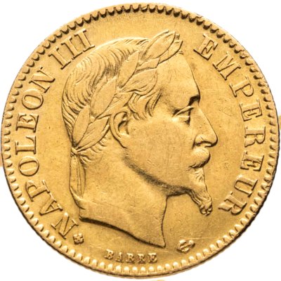 купить Франция 10 франков (francs) 1867 года, знак монетного двора: "BB" - Страсбург, с портретом Императора Наполеона III