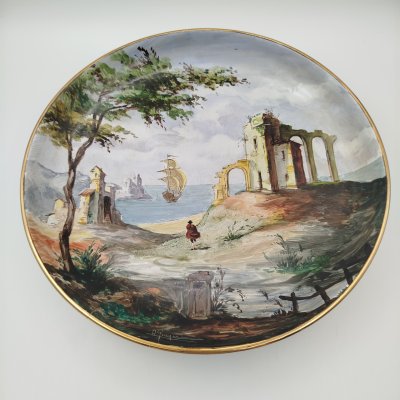 купить Тарелка настенная "Пейзаж с парусником", Richard Ginori, керамика, роспись, золочение, Италия, 1970-1990 гг.
