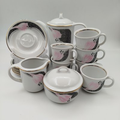 купить Сервиз кофейный с изображением розовых цветов, на 6 персон (15 предметов), фарфор, деколь, золочение, Graf Von Henneberg Porzellan, 1777 Jlmenau, ГДР, 1973-1977 гг.