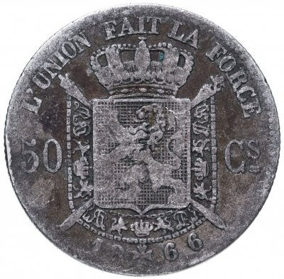 купить Бельгия 50 сантимов (centimes) 1866 Надпись на французском - 'DES BELGES'