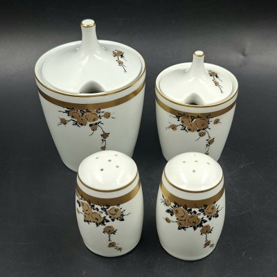 купить Набор для специй (солонка, перечница, горчичница и хренница) с цветочным декором золотистого цвета, фарфор, деколь, золочение, Graf Von Henneberg Porzellan, 1777 Jlmenau, ГДР, 1973-1977 гг.