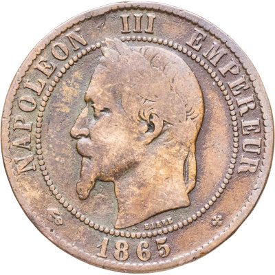 купить Франция 10 сантимов (centimes) 1865 BB знак монетного двора: "BB" - Страсбург