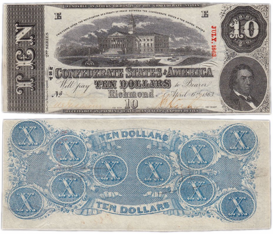 купить США 10 долларов 1863 (Pick 60а) Конфедерация RAR (гашеная)