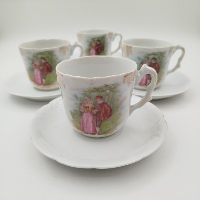 купить Набор кофейный пар "Галантная сцена" на 4 персоны, фарфор, деколь, золочение, Западная Европа, 1900-1930 гг.