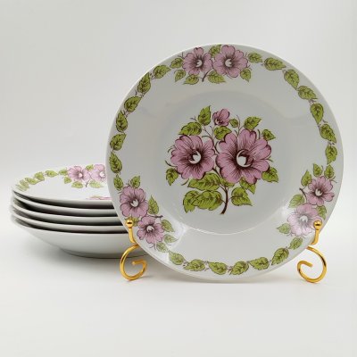 купить Набор из шести суповых тарелок с цветочным декором в розово-зеленой гамме, фарфор, печать, Epiag Royal Czechoslovakia, Чехословакия, 1970-1990 гг.