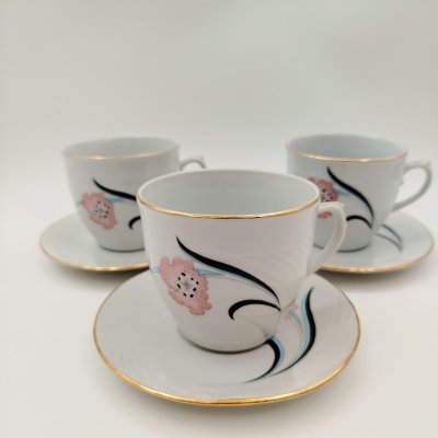 купить Набор из 3-х чайных пар с цветочным декором, фарфор, деколь, золочение, Cluj-Napoca Porcelain, Румыния, 1970-1990 гг.