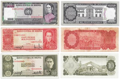 купить Боливия набор из 3 банкнот 10, 100 и 1000 песо 1962-1982