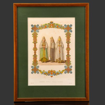 купить Хромолитография "Девичий наряд города Торжка", автор: Солнцев Ф.Г., хромолитография Ф. Дрегера, бумага, печать, дерево, стекло, Российская империя, 1849-1853 гг.