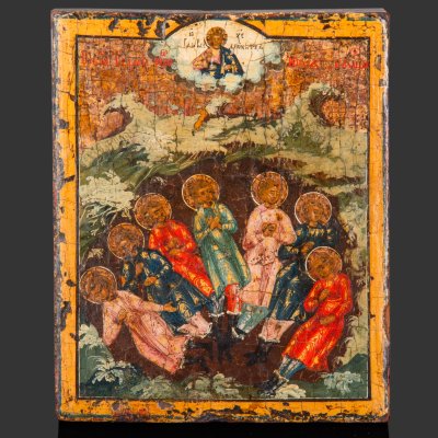 купить [Редкий сюжет] Икона "Семь отроков Эфесских", дерево, темпера, Российская империя, 1800-1850 гг.