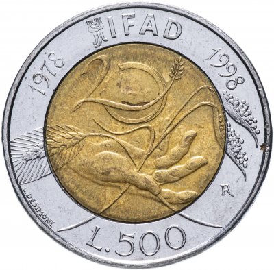 Купить Италия 500 лир 1998 "20 лет Всемирной продовольственной программе"