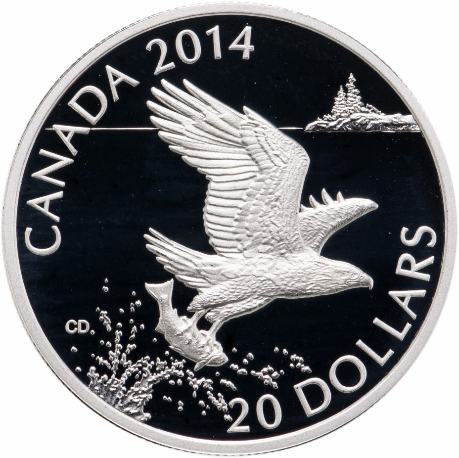 купить Канада 20 долларов 2014 "Лысый орел с рыбой" в футляре, с сертификатом