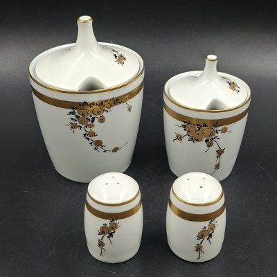 купить Набор для специй (солонка, перечница, горчичница и хренница) с цветочным декором золотистого цвета, фарфор, деколь, золочение, Graf Von Henneberg Porzellan, 1777 Jlmenau, ГДР, 1973-1977 гг.