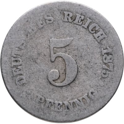 Купить Германия 5 пфеннигов 1875 знак монетного двора: "J" - Гамбург
